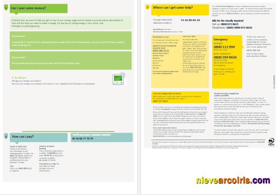 United Kingdom British Gas business utility bill, 4 pages 3-4